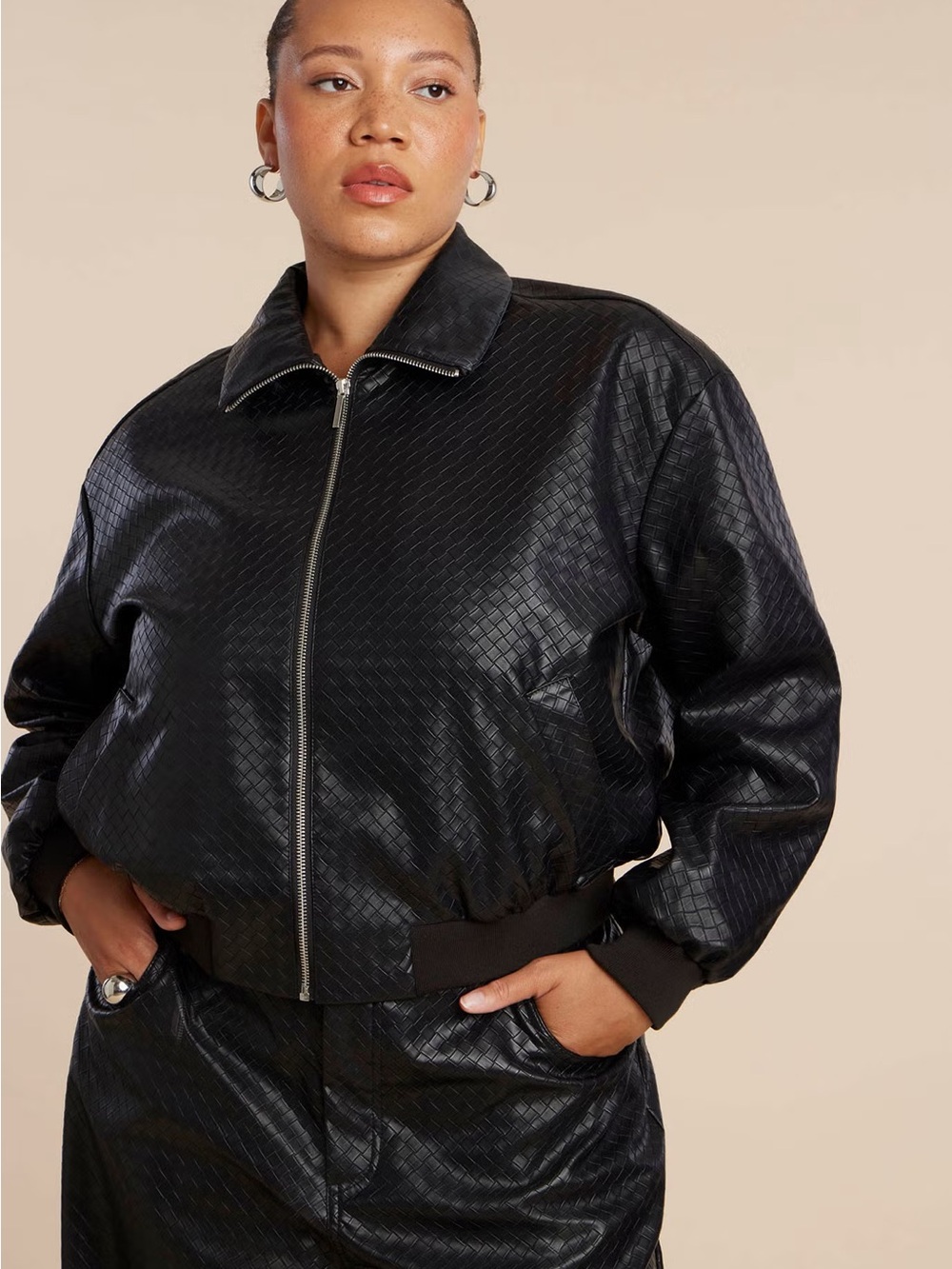 Eloquii Basket Weave Faux Leather Bomber Jacket